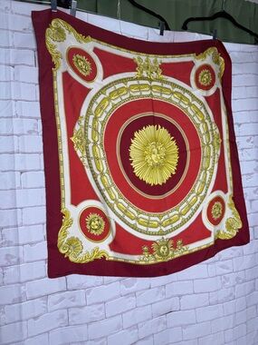 Vintage Paris Silk Scarf Red Gold Baroque Sun Motif Laurent Perrier French